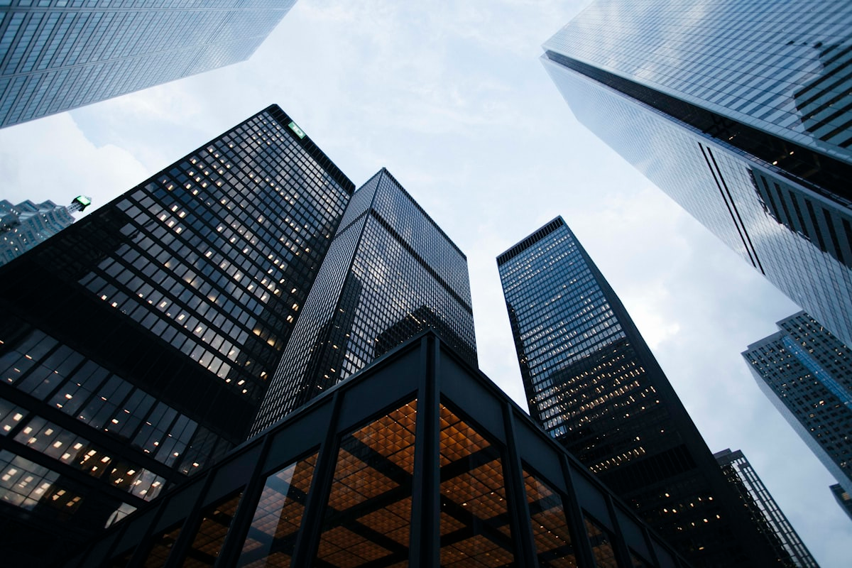 Modern financial district buildings representing economy and business