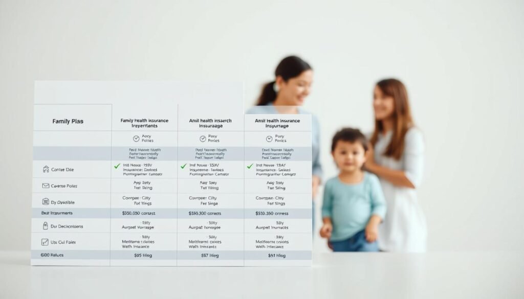 A detailed comparison of family health insurance options displayed on a clean, modern white background. In the foreground, a grid of insurance plan icons and pricing details, showcasing different coverage levels and deductibles. The middle ground features a family of four - parents and two children - evaluating the plans with attentive expressions. The background subtly depicts a soothing gradient, creating a sense of clarity and focus on the important information. Soft, directional lighting accentuates the plan details and family figures, while a shallow depth of field blurs the edges to draw the viewer's attention to the central elements. The overall mood is one of informed decision-making, with a balanced, authoritative tone.