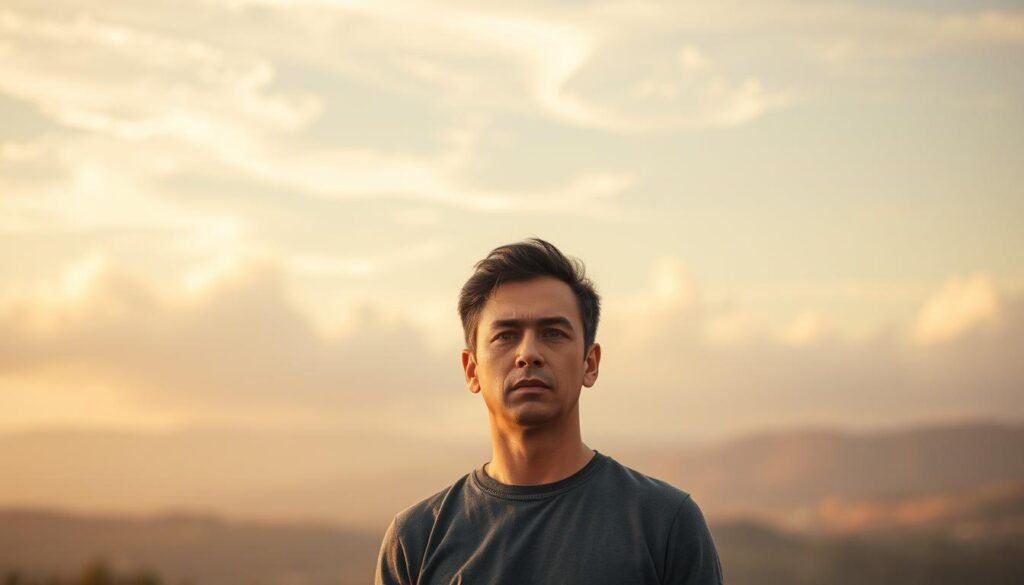 A pensive figure stands in the center of the frame, their expression conveying a sense of contemplation as they grapple with the complexities of life insurance. The background is a soft, blurred landscape, suggesting a tranquil, introspective setting. Overhead, wispy clouds drift across a subtly lit sky, casting a warm, golden glow over the scene. The lighting is natural and diffused, creating a sense of depth and atmosphere. The camera angle is slightly angled, adding depth and drawing the viewer's attention to the central figure. The overall mood is one of thoughtfulness and a desire to understand the nuances of life insurance, setting the stage for the exploration of common myths about this important financial product.