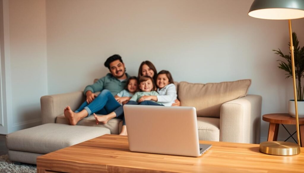 A serene and inviting scene depicting affordable life insurance. In the foreground, a young family - a couple with two children - sits comfortably on a plush, neutral-toned couch, expressing contentment and financial security. Warm, diffused lighting from a nearby lamp casts a soft glow, creating an atmosphere of coziness and well-being. In the middle ground, a simple yet elegant wooden table holds a laptop, subtly suggesting the ease of securing affordable coverage online. The background features a tranquil, minimalist living room, with clean lines and muted tones that further convey a sense of financial stability and peace of mind. The overall impression is one of attainable, everyday affordability in life insurance.