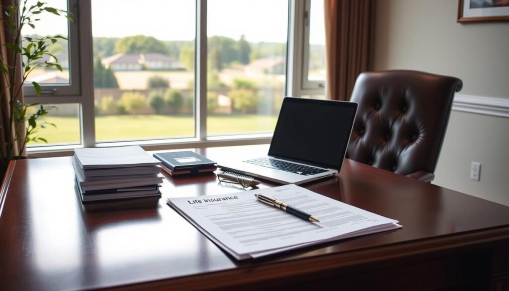 A serene, well-lit office setting with a polished wooden desk and a comfortable leather chair. On the desk, a stack of insurance documents, a pen, and a laptop displaying a life insurance calculator. In the background, a large window overlooking a tranquil suburban landscape, allowing natural light to flood the space. The overall tone is one of professionalism and financial security, conveying the essential information needed to understand the basics of life insurance coverage.