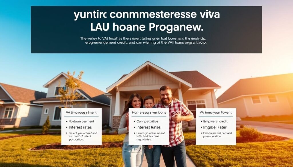 A sweeping view of a comprehensive VA home loan program overview, captured with a wide-angle lens in a warm, inviting lighting. In the foreground, a family stands proudly in front of their new home, their faces filled with joy and a sense of accomplishment. The middle ground showcases the key benefits of the VA loan, including no down payment, competitive interest rates, and flexible credit requirements, all displayed on sleek, informative panels. The background features a serene, suburban neighborhood, with well-manicured lawns and a clear blue sky, symbolizing the stability and security that the VA home loan program provides. The overall scene conveys the program's ability to empower veterans and their families to achieve the American dream of homeownership.