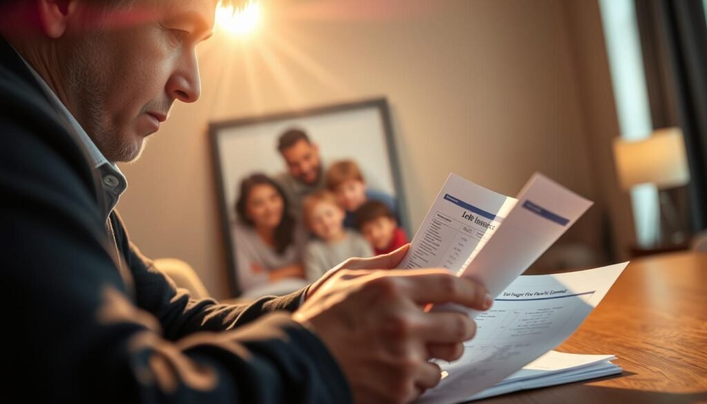 A thoughtful life insurance needs assessment, captured through a high-resolution photograph. In the foreground, a person reviewing insurance documents, their expression pensive as they calculate the coverage required to protect their loved ones. The middle ground showcases a family portrait, representing the importance of securing their financial future. The background features a warm, radiant lighting, evoking a sense of care and responsibility. Captured with a shallow depth of field, the image emphasizes the focus on the assessment process, while hinting at the deeper emotional and familial aspects of this crucial decision.