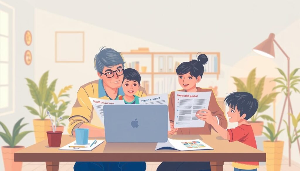 A vibrant illustration showcasing a family evaluating health insurance plans for 2025. In the foreground, a middle-aged couple sits at a table, laptop open, intently studying various plan options. Their two children stand nearby, observing the process with keen interest. Soft, warm lighting illuminates the scene, creating a sense of contemplation and thoughtfulness. The background depicts a modern, minimalist home office, with bookshelves and potted plants adding a touch of coziness. The overall atmosphere conveys the importance of making an informed decision about the family's healthcare coverage for the year ahead.