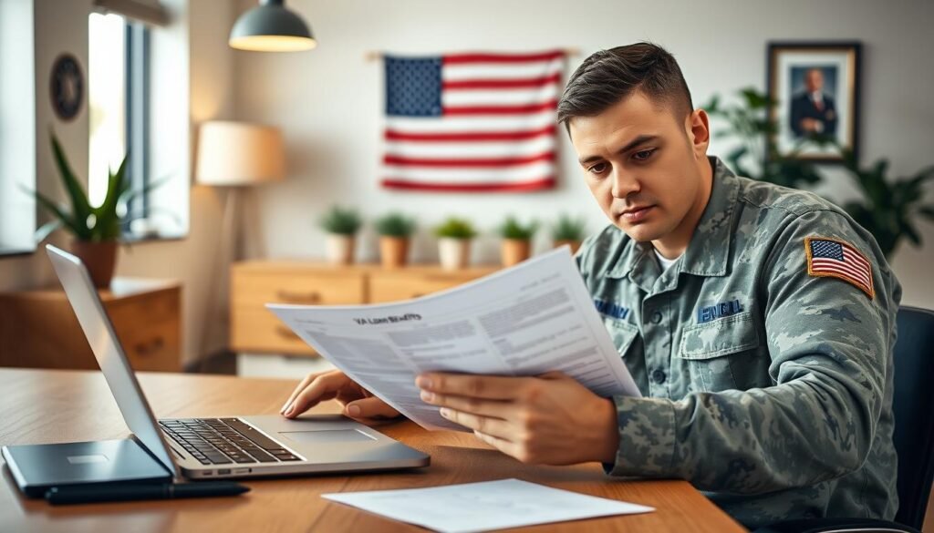 A well-lit, high-resolution image of a soldier or veteran examining VA loan benefit documents on a modern, minimalist wooden desk. The foreground features the loan paperwork and a laptop or tablet, with a calm, neutral expression on the person's face. The middle ground shows a warm, inviting office space with a few potted plants and a framed American flag on the wall. The background is slightly blurred, creating a sense of depth, highlighting the central focus on the VA loan benefits.