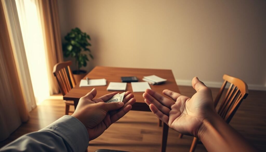 An empty room with a wooden table, two chairs, and a potted plant in the corner. The table is cluttered with documents, a calculator, and a pen. The lighting is warm and subdued, creating a sense of contemplation. In the foreground, two hands, one offering money and the other hesitantly reaching out, symbolize the delicate balance of lending and the potential risks involved. The atmosphere conveys the unease and caution that should be exercised when lending to loved ones, even in the most intimate of settings.