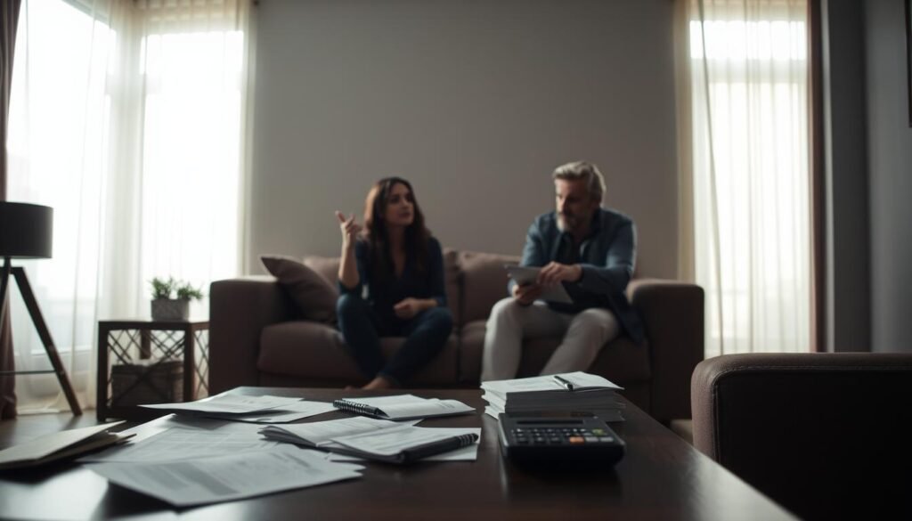 An interior scene of a dimly lit living room, with a couch and a coffee table in the foreground. On the table, there are scattered papers, a pen, and a calculator, suggesting an ongoing financial discussion. The middle ground features two people, one gesturing animatedly, the other sitting with a concerned expression. In the background, a window casts soft, hazy light, creating an atmosphere of uncertainty and unease. The overall scene conveys a sense of open-ended negotiations and unclear expectations between the two individuals.